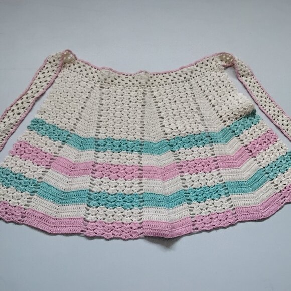 Vintage Crocheted Hostess Apron Small Size - Pink, Turquoise Blue & Cream Cotton - Picture 1 of 3